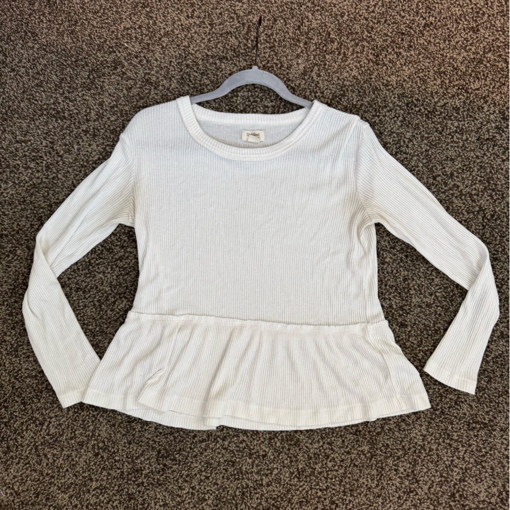 UpWest White Long Sleeve Ribbed Peplum Top XS